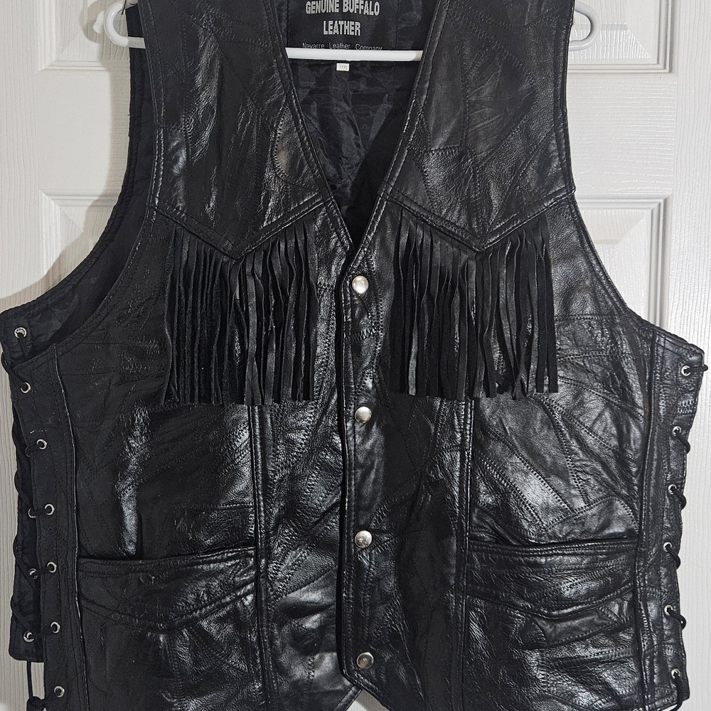 Genuine Buffalo Leather Black Fringe Men's XXXL Lace Up Sides 2 Pocket Vest